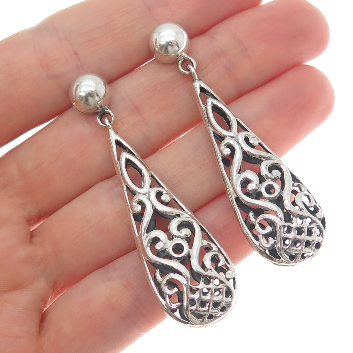 PLATELLA 950 Silver Vintage Swirl Teardrop Dangle Earrings