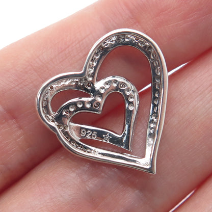 925 Sterling Silver Real Round-Cut Diamond Double Heart Minimalist Slide Pendant