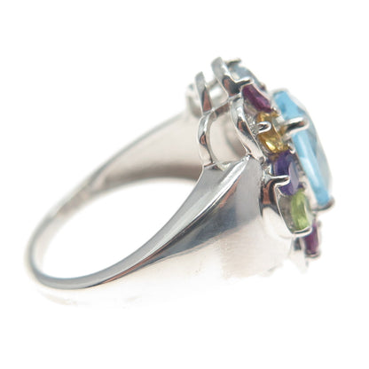925 Sterling Silver Real Topaz Amethyst Peridot Citrine & Tourmaline Ring Size 7