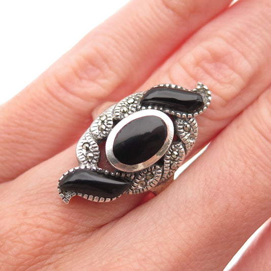 925 Sterling Silver Vintage Black Onyx Marcasite Ring Size 6 (missing 2 stones)