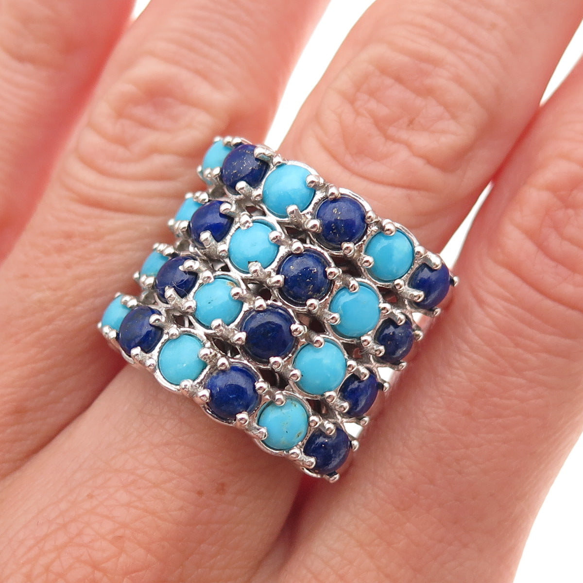 Chuck Clemency 925 Sterling Silver Real Turquoise & Lapis 4-Row Ring Size 8.25