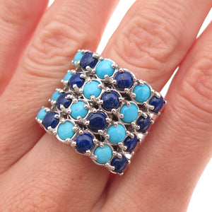 Chuck Clemency 925 Sterling Silver Real Turquoise & Lapis 4-Row Ring Size 8.25