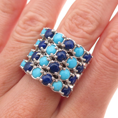 Chuck Clemency 925 Sterling Silver Real Turquoise & Lapis 4-Row Ring Size 8.25