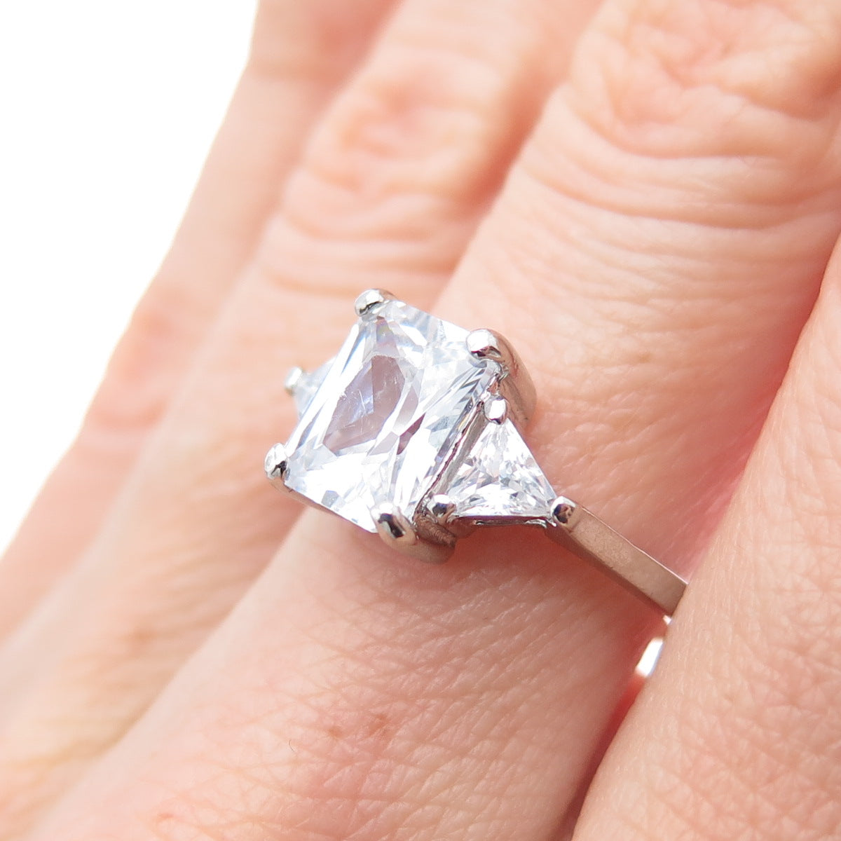 925 Sterling Silver Radiant & Triangle-Cut C Z Engagement Ring Size 7