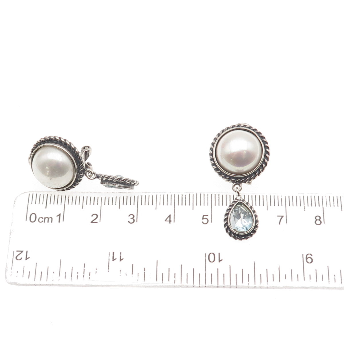 FD Felicia 925 Sterling Vintage Real Blue Topaz & Faux Pearl Omega Back Earrings