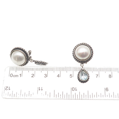 FD Felicia 925 Sterling Vintage Real Blue Topaz & Faux Pearl Omega Back Earrings