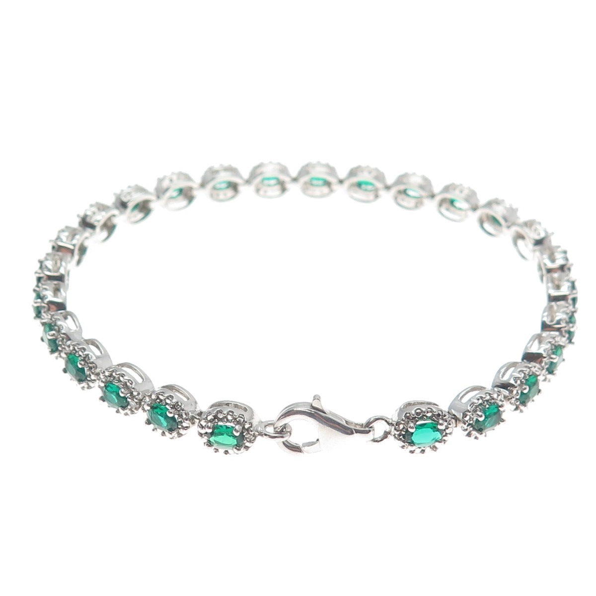 925 Sterling Silver Real Round-Cut Diamond & Crome Diopside Bracelet 7.5"