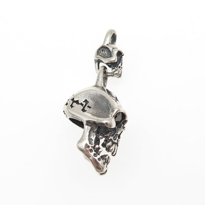 Fly Art Sterling Silver Vintage Real Red Garnet Skull Oxidized 3D Charm Pendant