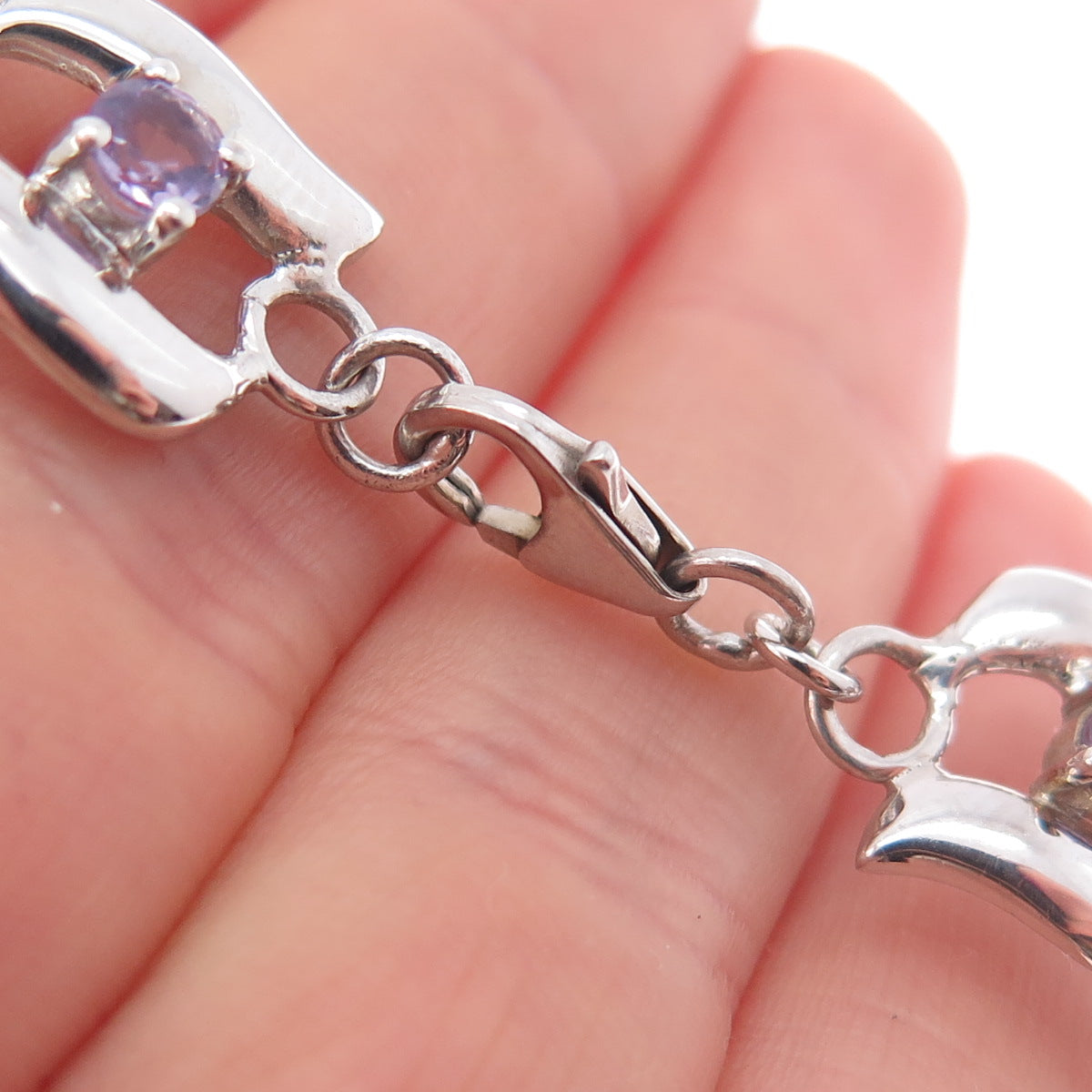 925 Sterling Silver Vintage Real Amethyst & Blue Topaz Modernist Bracelet 7.25"