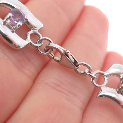 925 Sterling Silver Vintage Real Amethyst & Blue Topaz Modernist Bracelet 7.25"