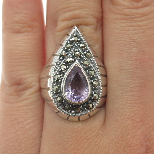 925 Sterling Silver Vintage Amethyst & Marcasite Gem Teardrop Ring Size 7