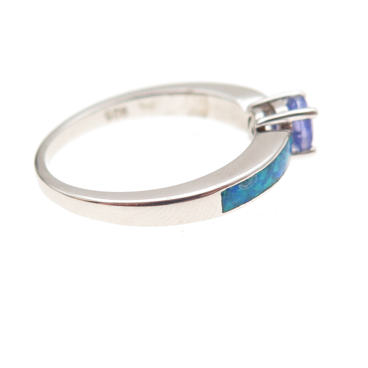 925 Sterling Silver Real Round-Cut Tanzanite & Opal Ring Size 8.25