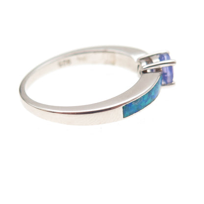 925 Sterling Silver Real Round-Cut Tanzanite & Opal Ring Size 8.25