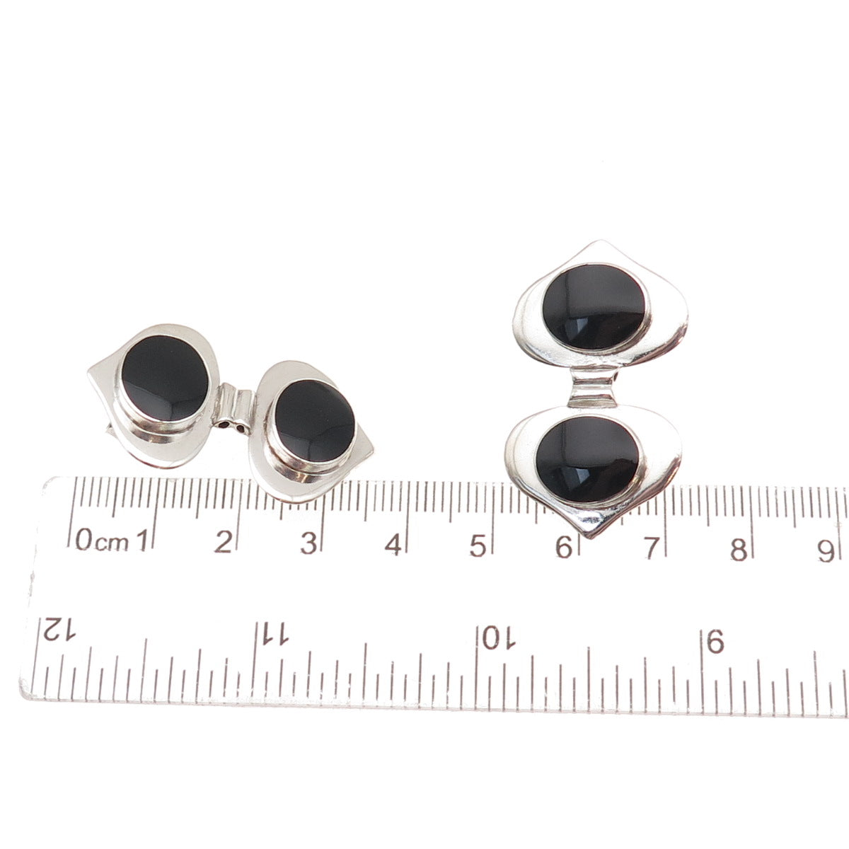 925 Sterling Silver Vintage Real Black Onyx Double Heart Oxidized Earrings