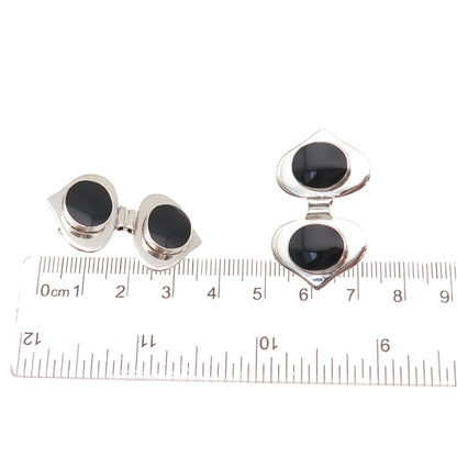 925 Sterling Silver Vintage Real Black Onyx Double Heart Oxidized Earrings