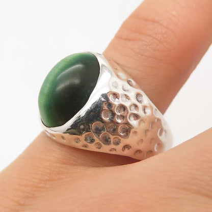 925 Sterling Silver Vintage Fiber Optic Cat's Eye Gem Hammered Ring Size 9.25