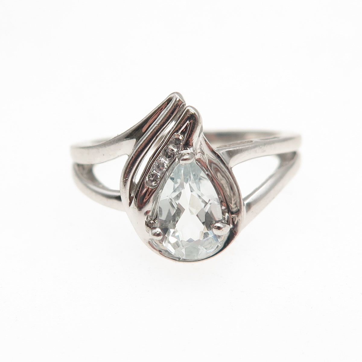 925 Sterling Silver Real Blue Topaz & C Z Teardrop Ring Size 7