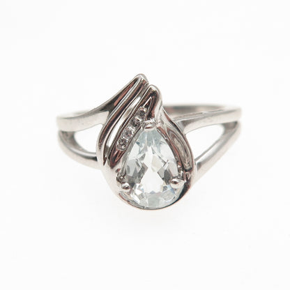 925 Sterling Silver Real Blue Topaz & C Z Teardrop Ring Size 7