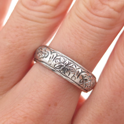 925 Sterling Silver Vintage Engraved Lotus Flower Oxidized Band Ring Size 9