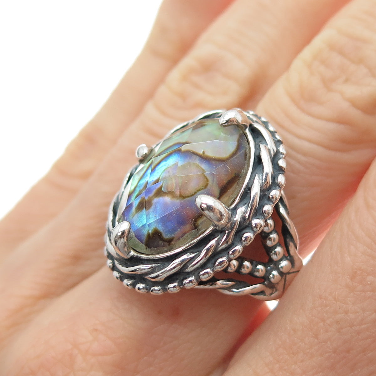 CAROLYN POLLACK 925 Sterling Silver Vintage Doublet Abalone Shell Ring Size 7.25