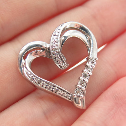 925 Sterling Silver Real Round-Cut Diamond Heart Slide Charm Pendant