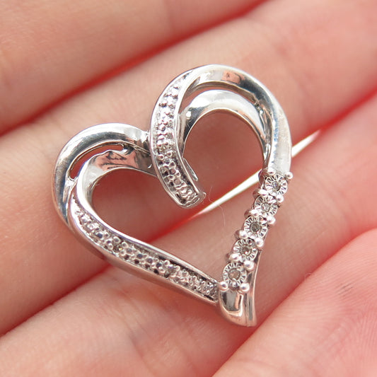 925 Sterling Silver Real Round-Cut Diamond Heart Slide Charm Pendant