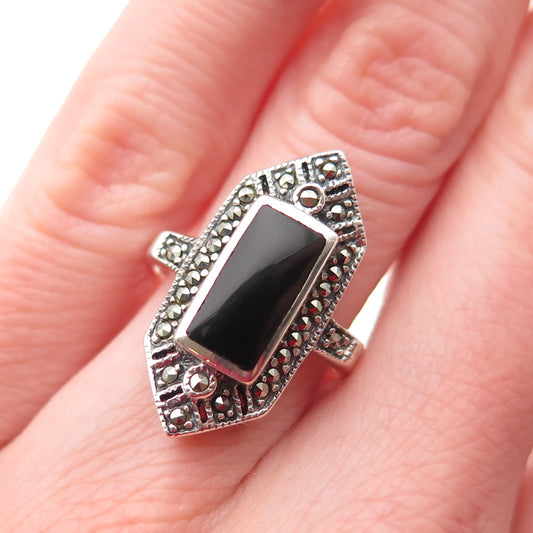 Charles Winston Sterling Silver Vintage Real Black Onyx & Marcasite Ring Size 6