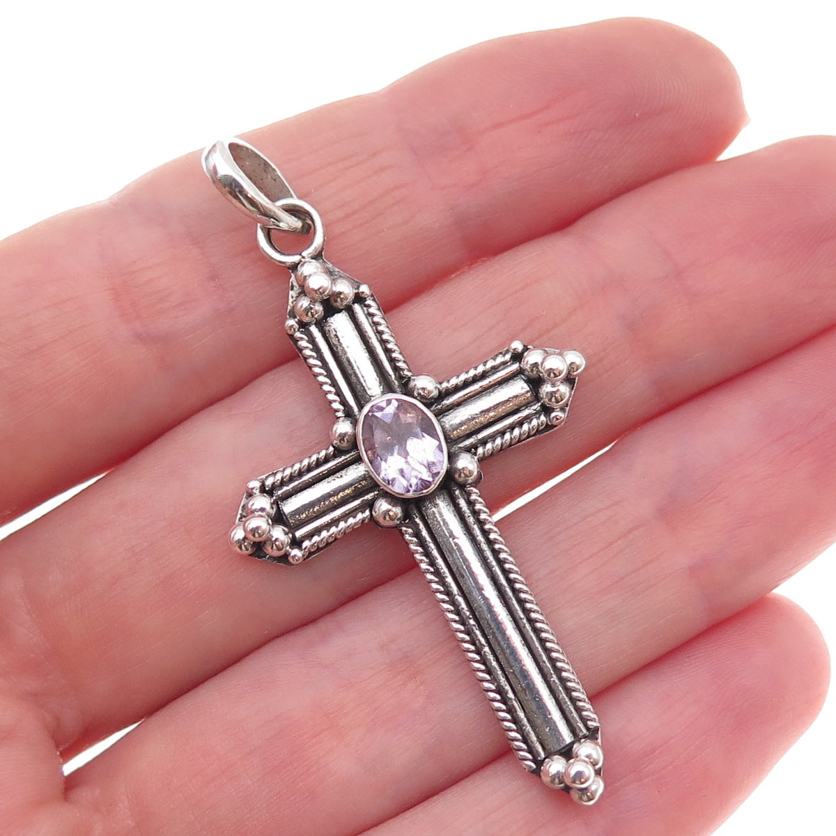 925 Sterling Silver Vintage Real Amethyst Cross Oxidized Pendant