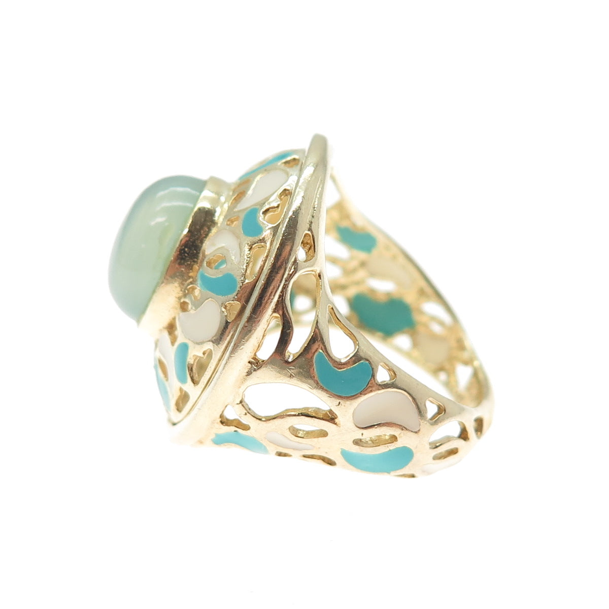 925 Sterling Silver Gold Plated Italy Enamel Real Chalcedony Ring Size 5.25