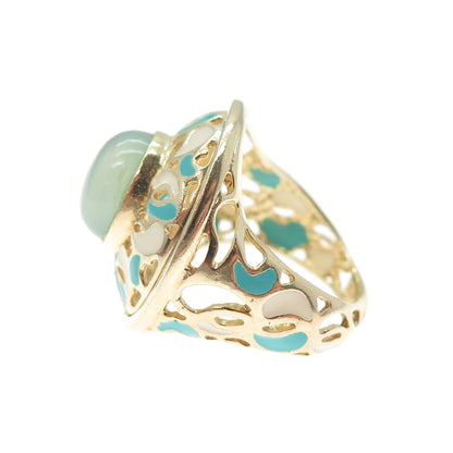 925 Sterling Silver Gold Plated Italy Enamel Real Chalcedony Ring Size 5.25