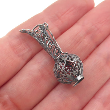 800 Silver Antique Art Deco Jug Filigree Oxidized 3D Charm Pendant