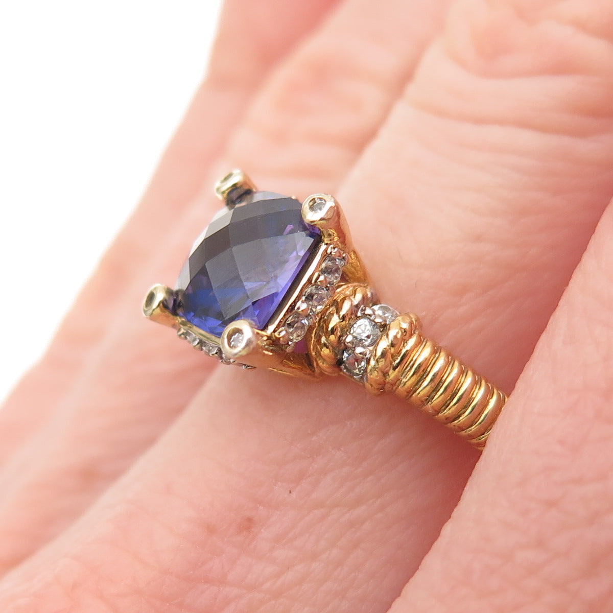 925 Sterling Silver Gold Plated Purple & White C Z Ring Size 7