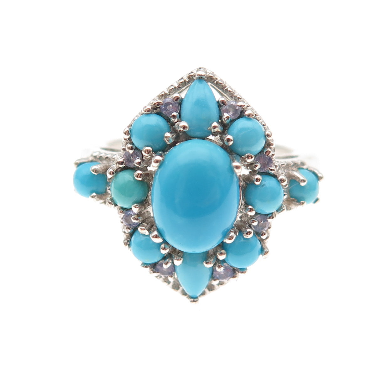 Chuck Clemency 925 Sterling Silver Real Turquoise & Tanzanite Floral Ring Size 8