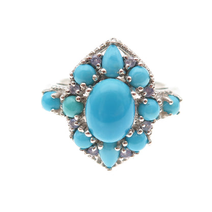 Chuck Clemency 925 Sterling Silver Real Turquoise & Tanzanite Floral Ring Size 8