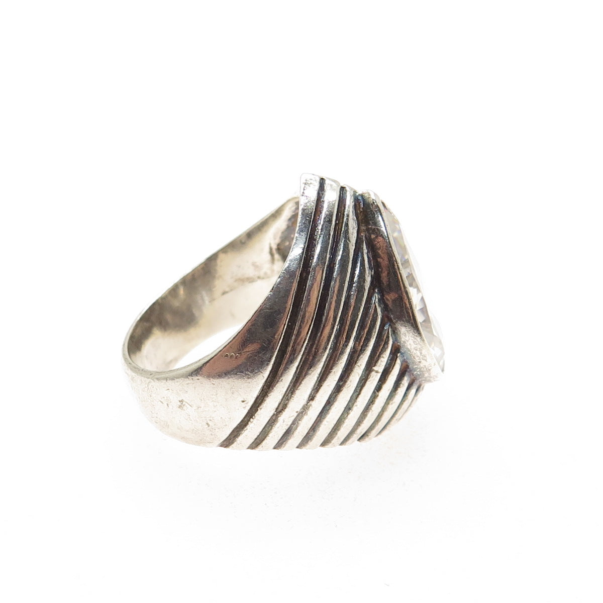 925 Sterling Silver Vintage Pear-Cut C Z Modernist Ribbed Oxidized Ring Size 7.5
