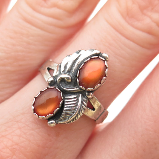WHEELER MFG Old Pawn 925 Sterling Silver Vintage MOP Feather Tribal Ring Size 7