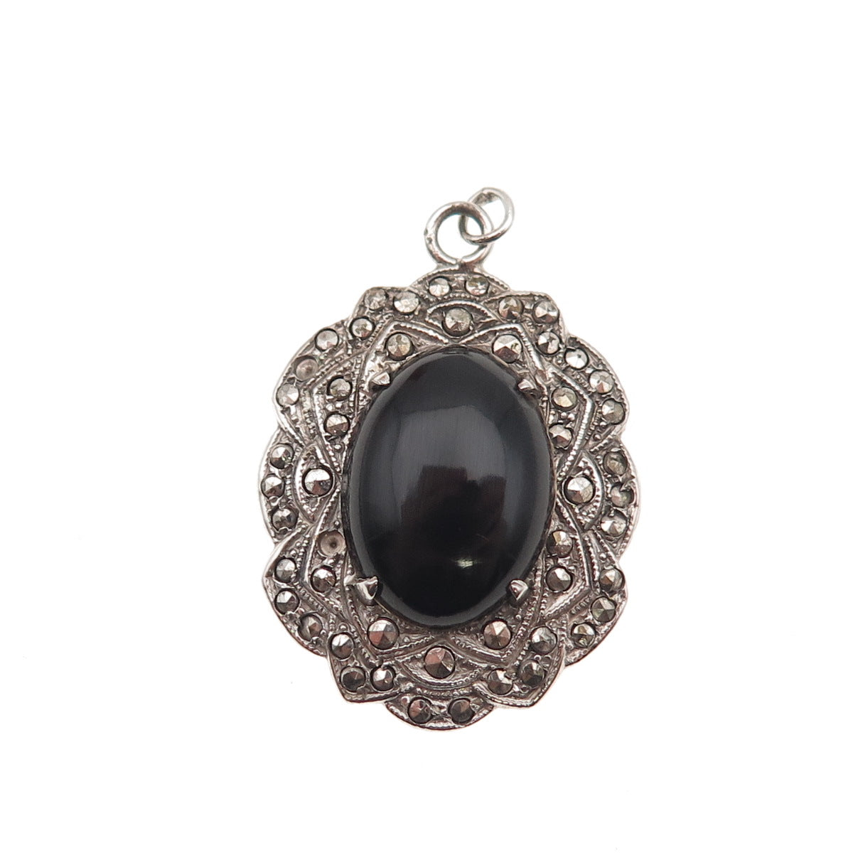 925 Sterling Silver Antique Real Black Onyx Marcasite Pendant (missing 3 stones)