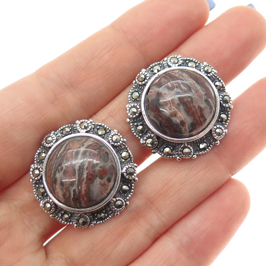 925 Sterling Silver Vintage Real Jasper & Marcasite Oxidized Clip On Earrings