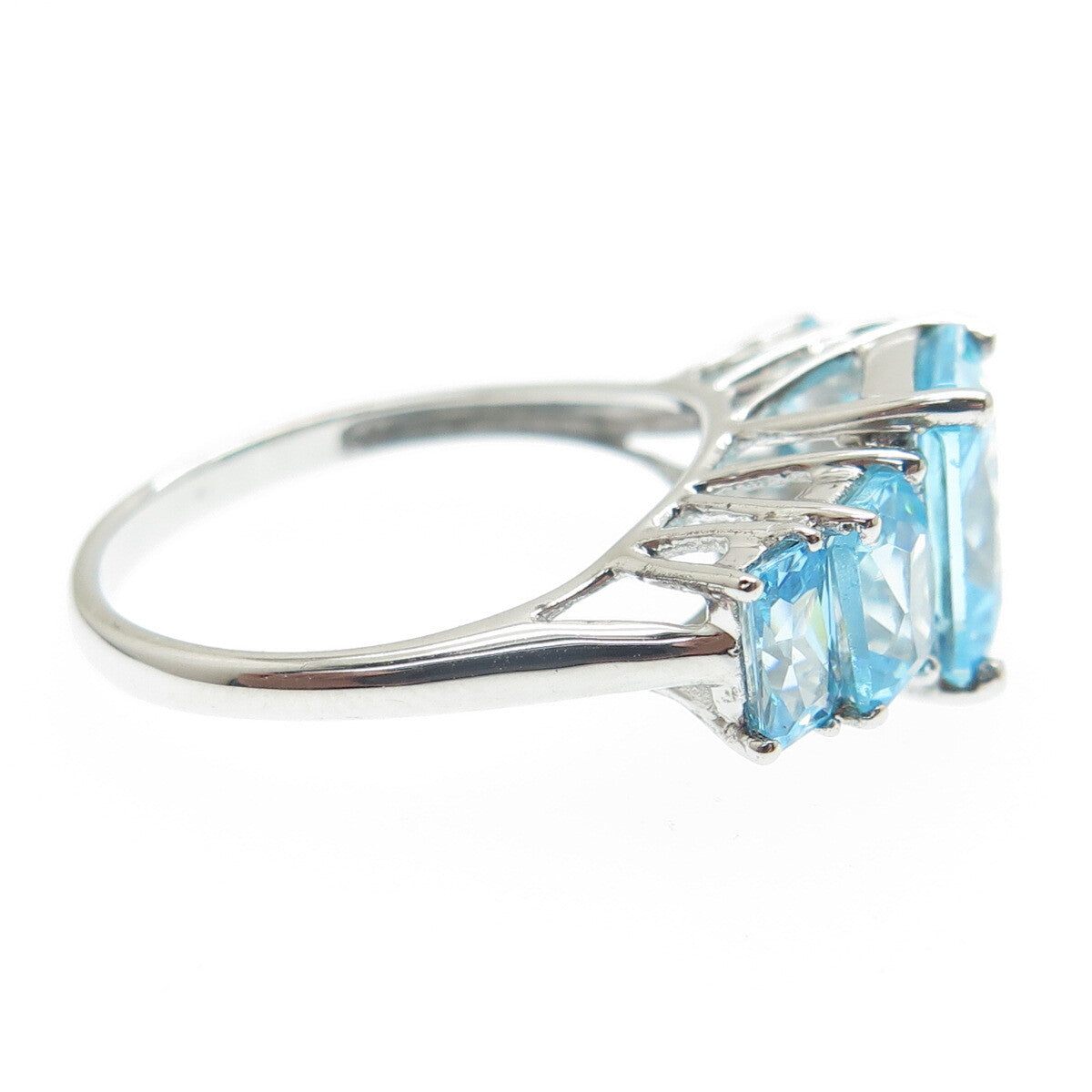 925 Sterling Silver Blue Radiant-Cut Shaped C Z 5-Stone Ring Size 7.25