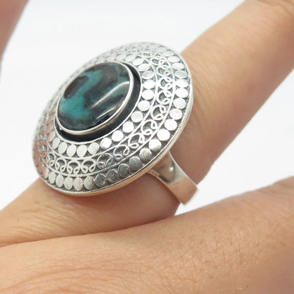 925 Sterling Silver Vintage Real Abalone Shell Dotted Wide Ring Size 6.75
