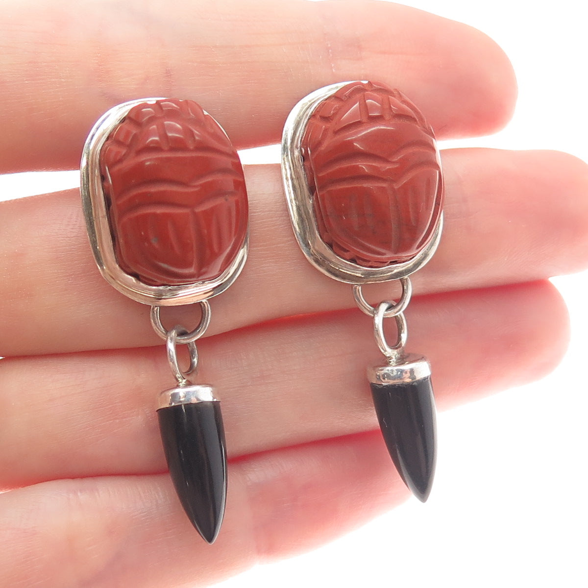 GG ORG DESIGNER Sterling 14K Gold Posts Vintage Jasper & Onyx Scarab Earrings