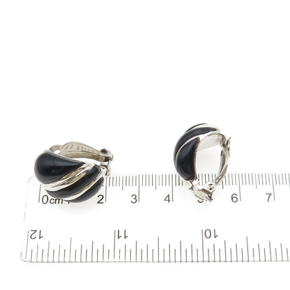 925 Sterling Silver Vintage Real Black Onyx Modernist Clip On Earrings