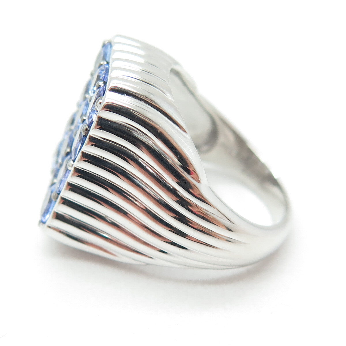 DSMK 925 Sterling Silver Round-Cut Tanzanite Gem Ribbed Domed Ring Size 7.25