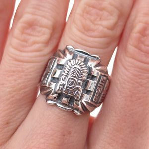 925 Sterling Silver Vintage Aztec Oxidized Ring Size 8.5