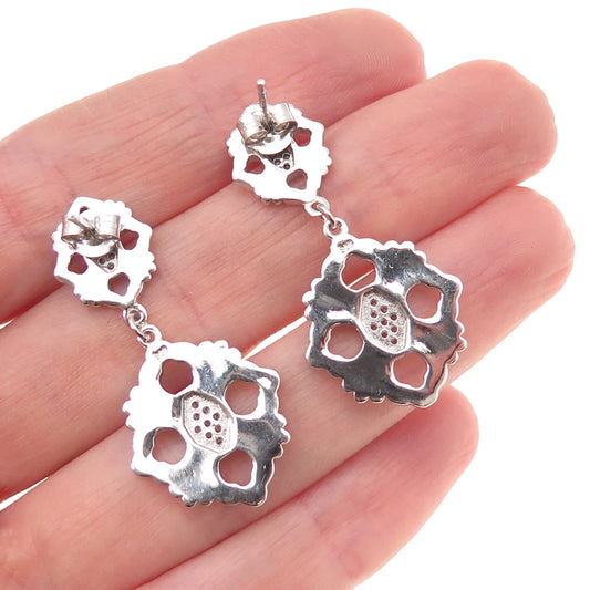 925 Sterling Silver Round-Cut C Z Floral Dangle Earrings