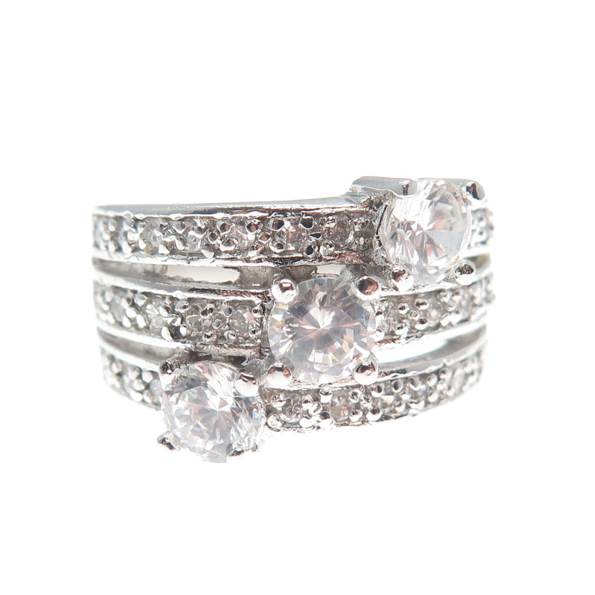925 Sterling Silver Round-Cut C Z 3-Row Promise Ring Size 7.5