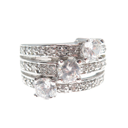 925 Sterling Silver Round-Cut C Z 3-Row Promise Ring Size 7.5