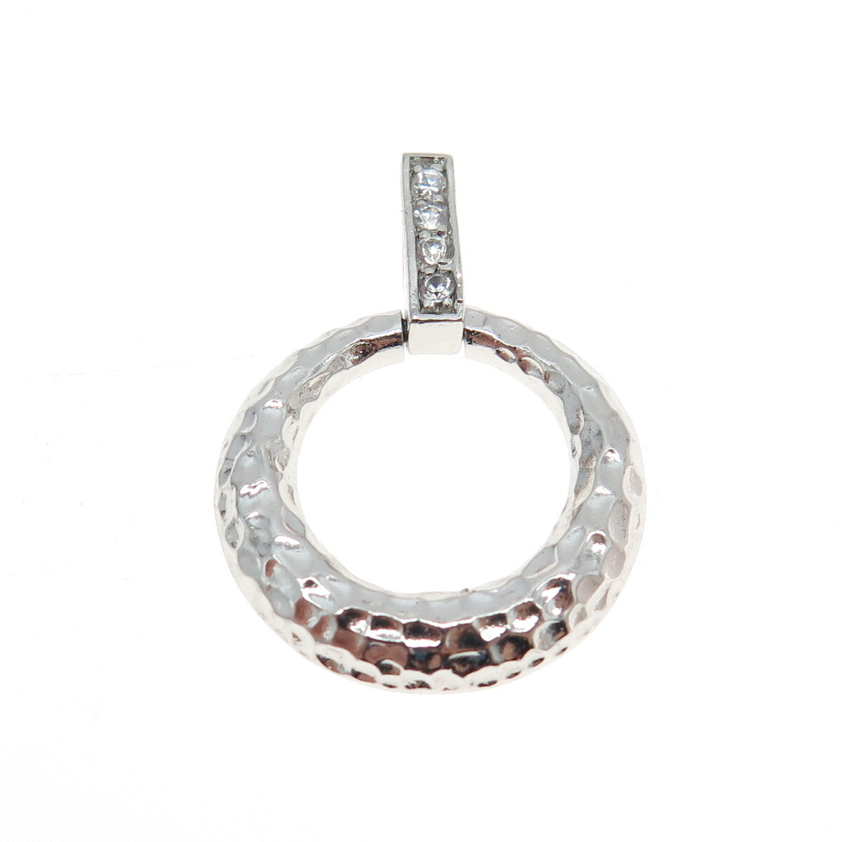 925 Sterling Silver Round-Cut C Z Hammered Circle Pendant
