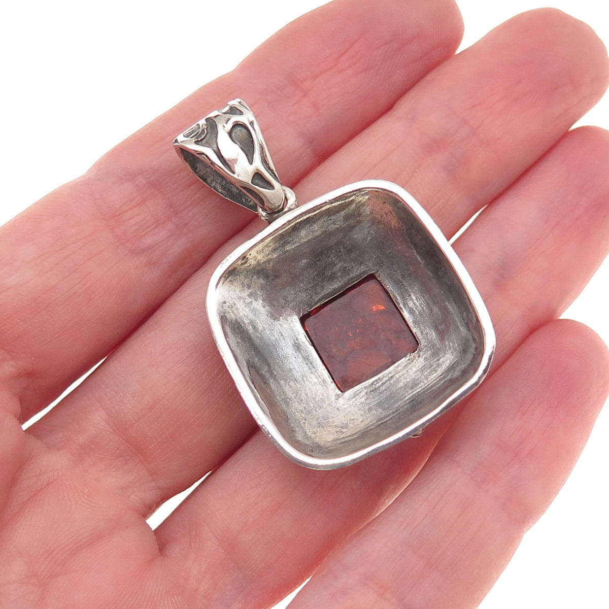 925 Sterling Silver Vintage Real Amber Ornate Oxidized Charm Pendant