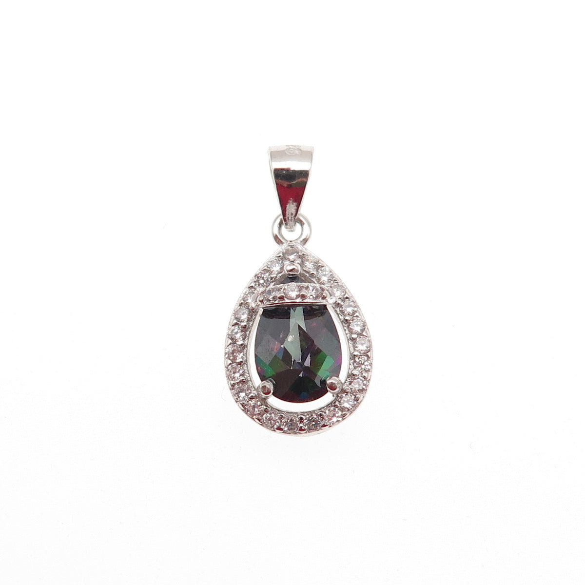 925 Sterling Silver Real Mystic Quartz & C Z Teardrop Mini Charm Pendant